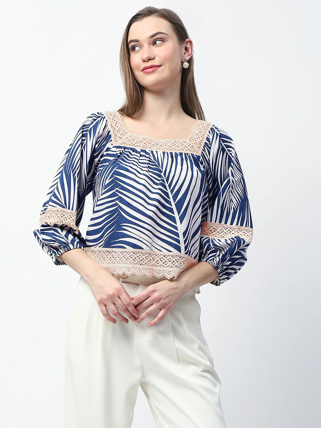 Madame Botanical Print Cotton Blend Navy Blue Top - Image 4