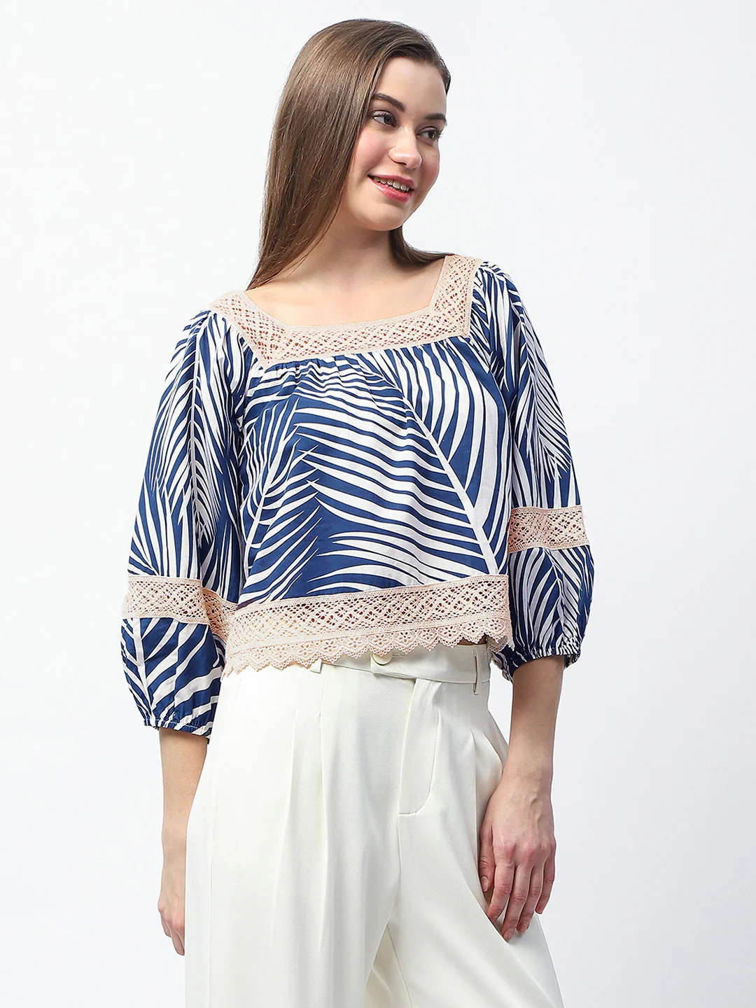 Madame Botanical Print Cotton Blend Navy Blue Top - Image 5