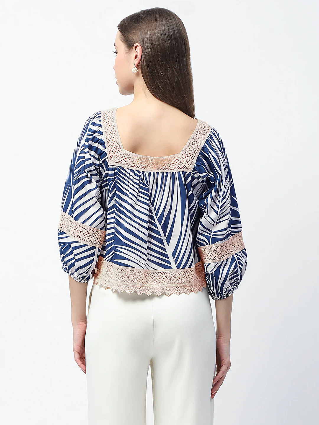 Madame Botanical Print Cotton Blend Navy Blue Top - Image 7