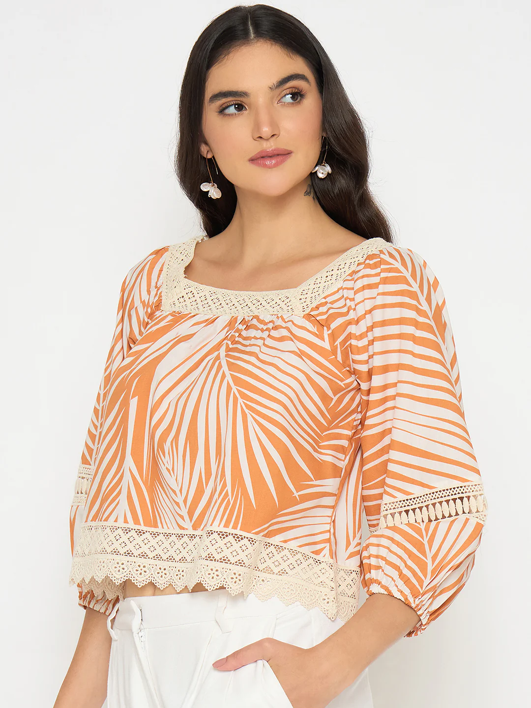 Madame Botanical Print Cotton Blend Warm Amber Top - Image 5