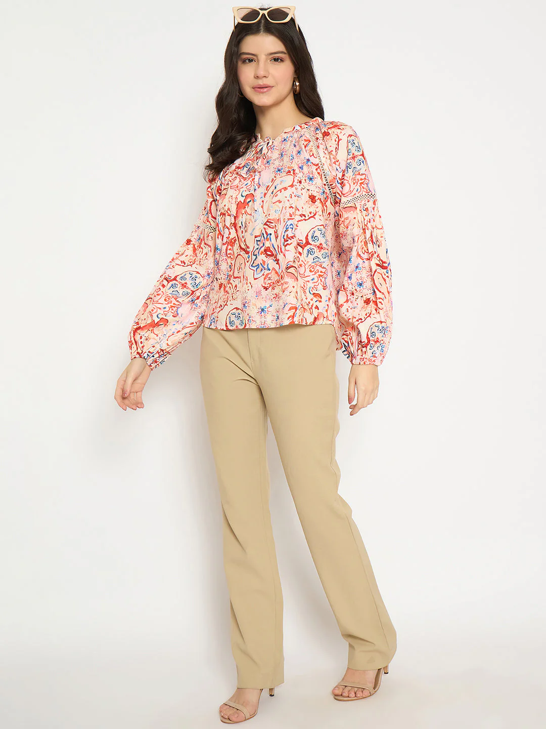 Madame Smocking Detailed Printed Red Cotton Top - Image 3