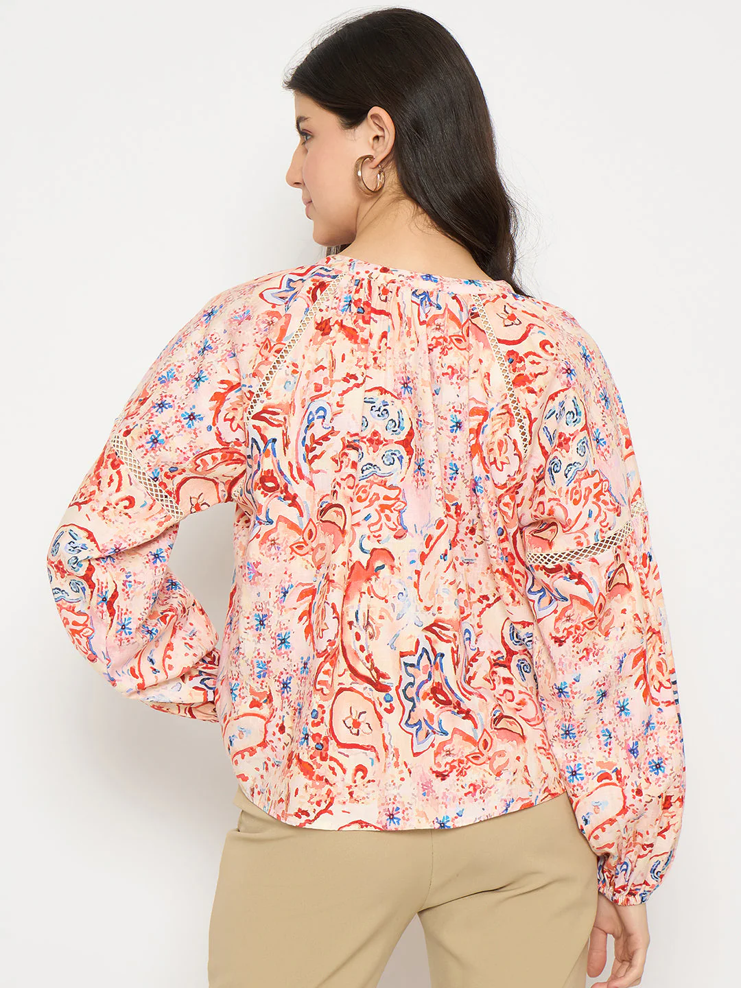 Madame Smocking Detailed Printed Red Cotton Top - Image 6
