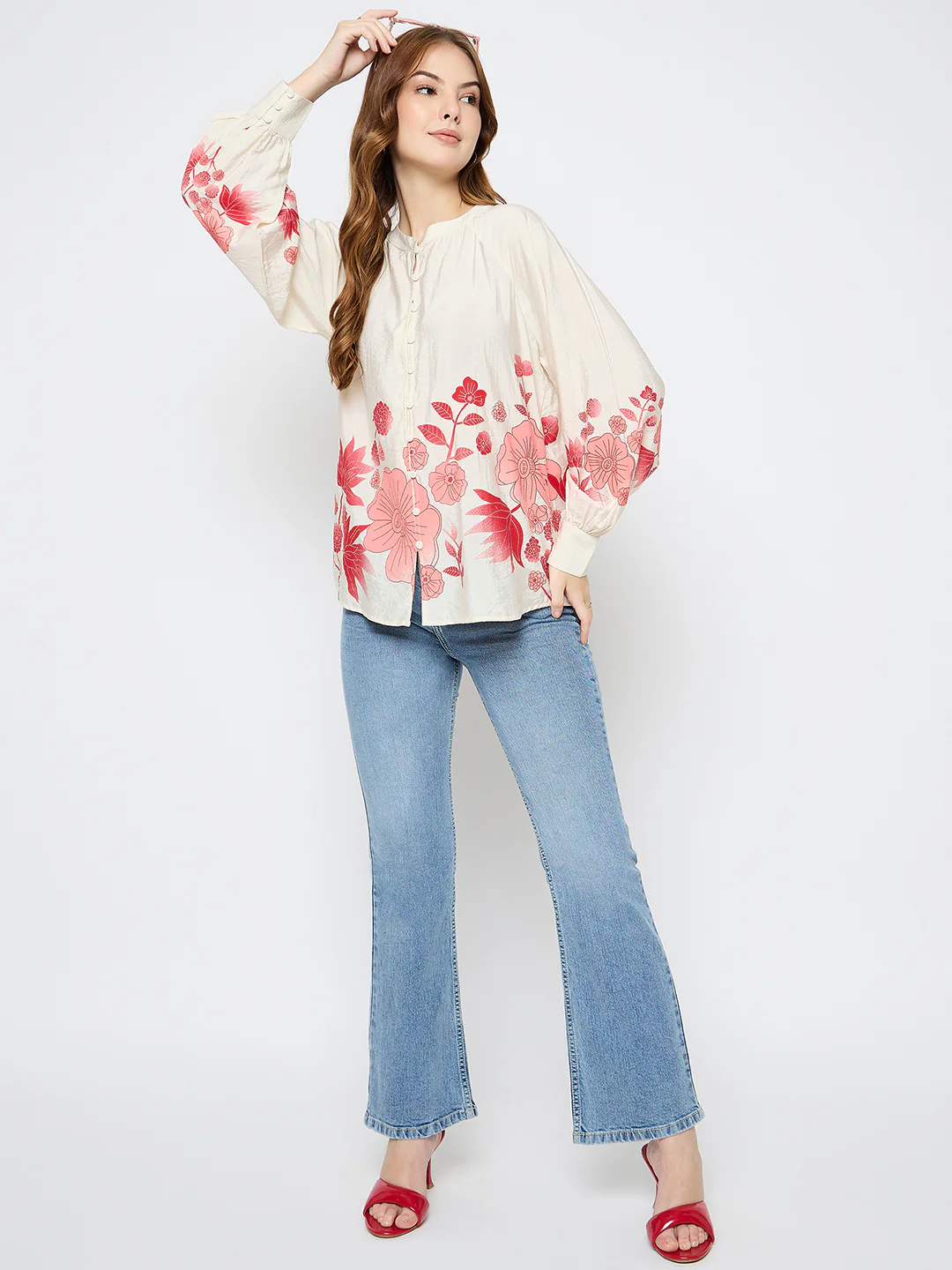 Madame Floral Print Rayon Blend Beige Top - Image 2