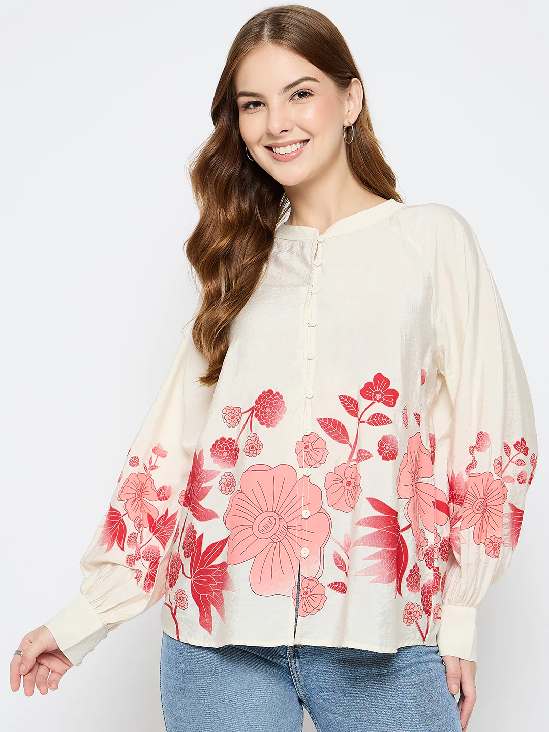 Madame Floral Print Rayon Blend Beige Top - Image 3