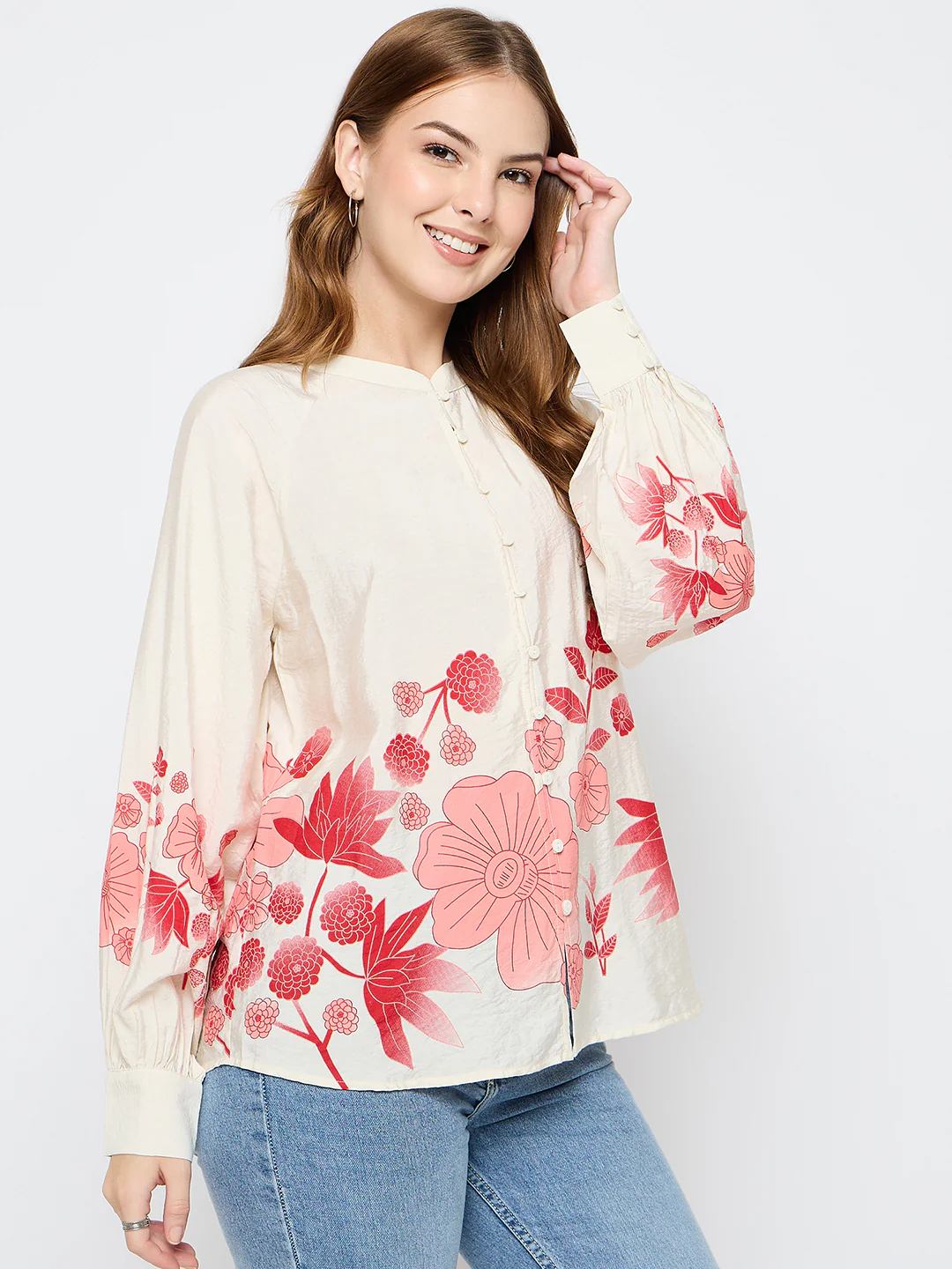 Madame Floral Print Rayon Blend Beige Top - Image 4