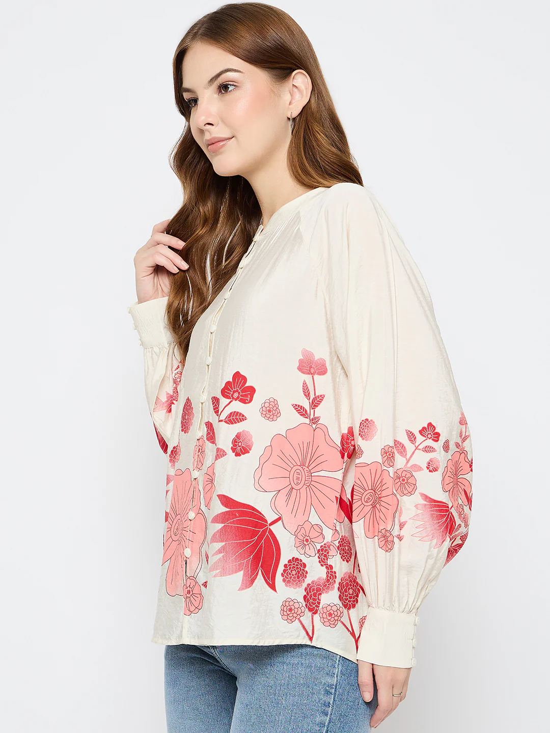 Madame Floral Print Rayon Blend Beige Top - Image 5