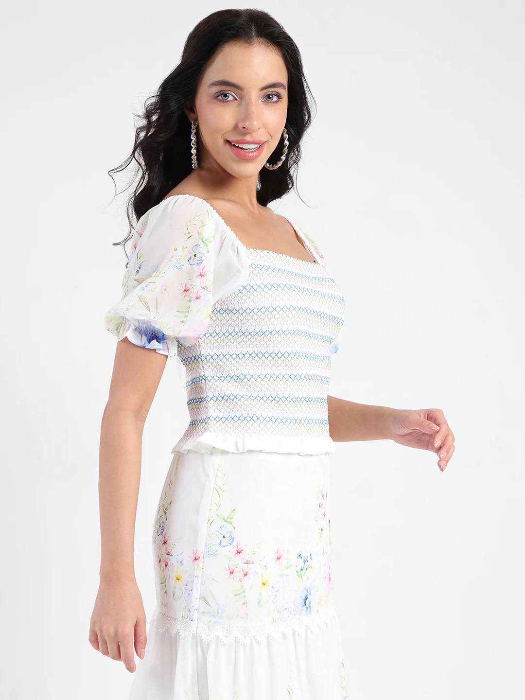 Madame Chiffon Smoking Contrast Threads Printed White Top - Image 3