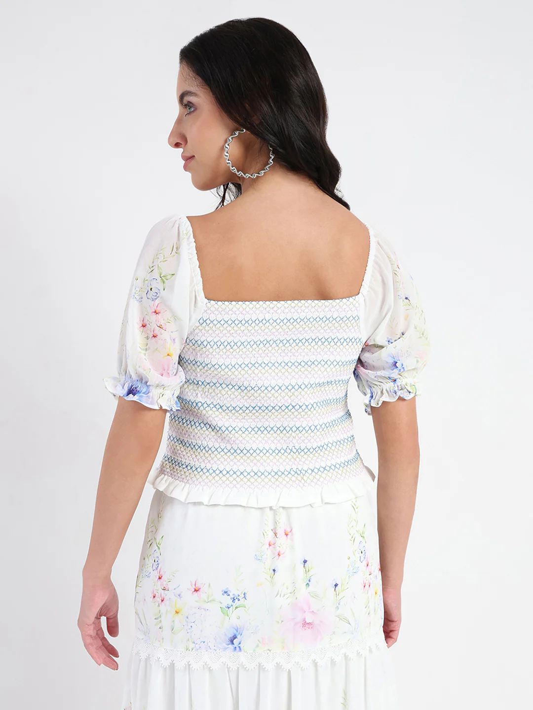 Madame Chiffon Smoking Contrast Threads Printed White Top - Image 5