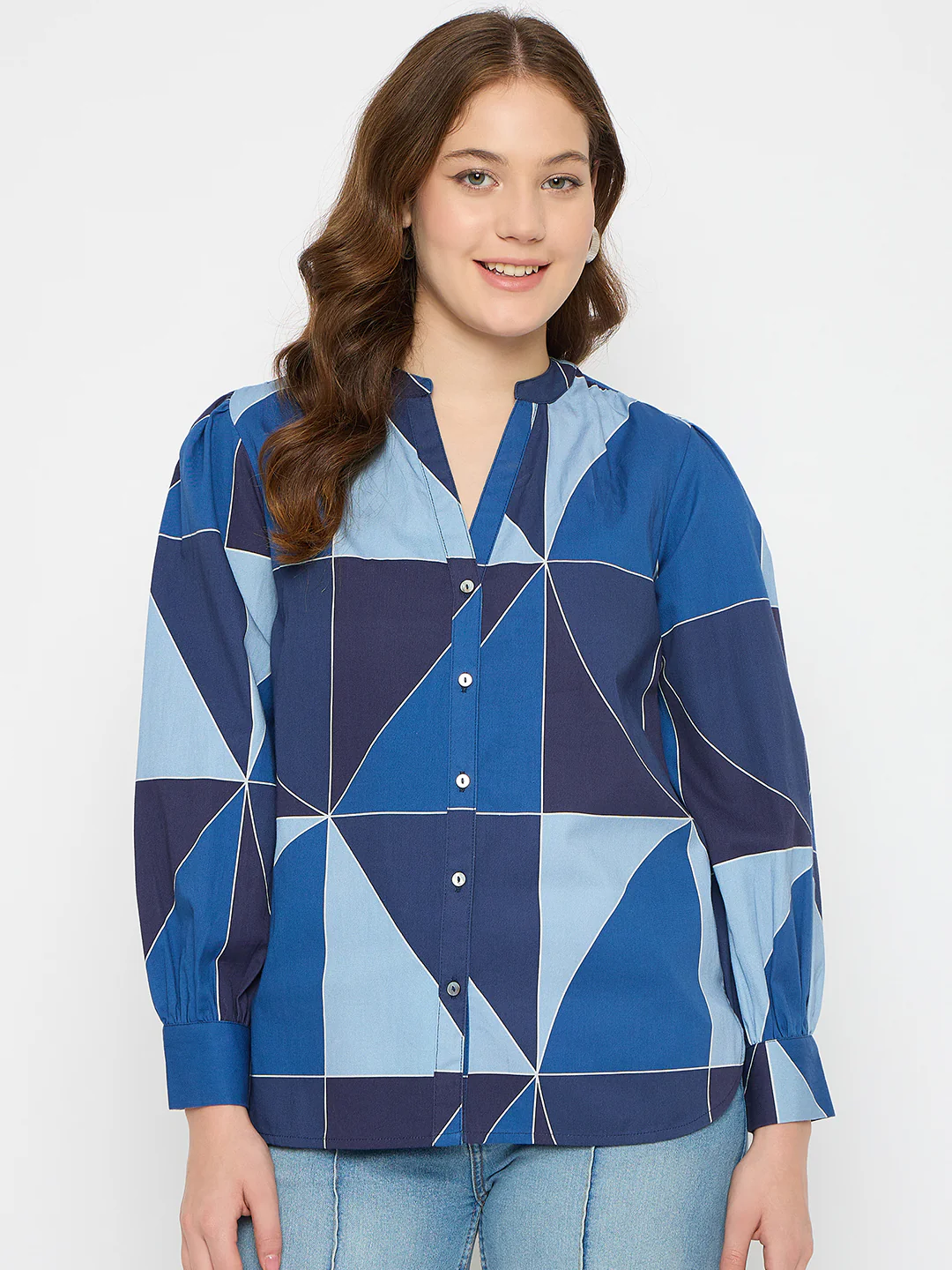 Madame Geometric Print Navy Blue Cotton Top - Image 3