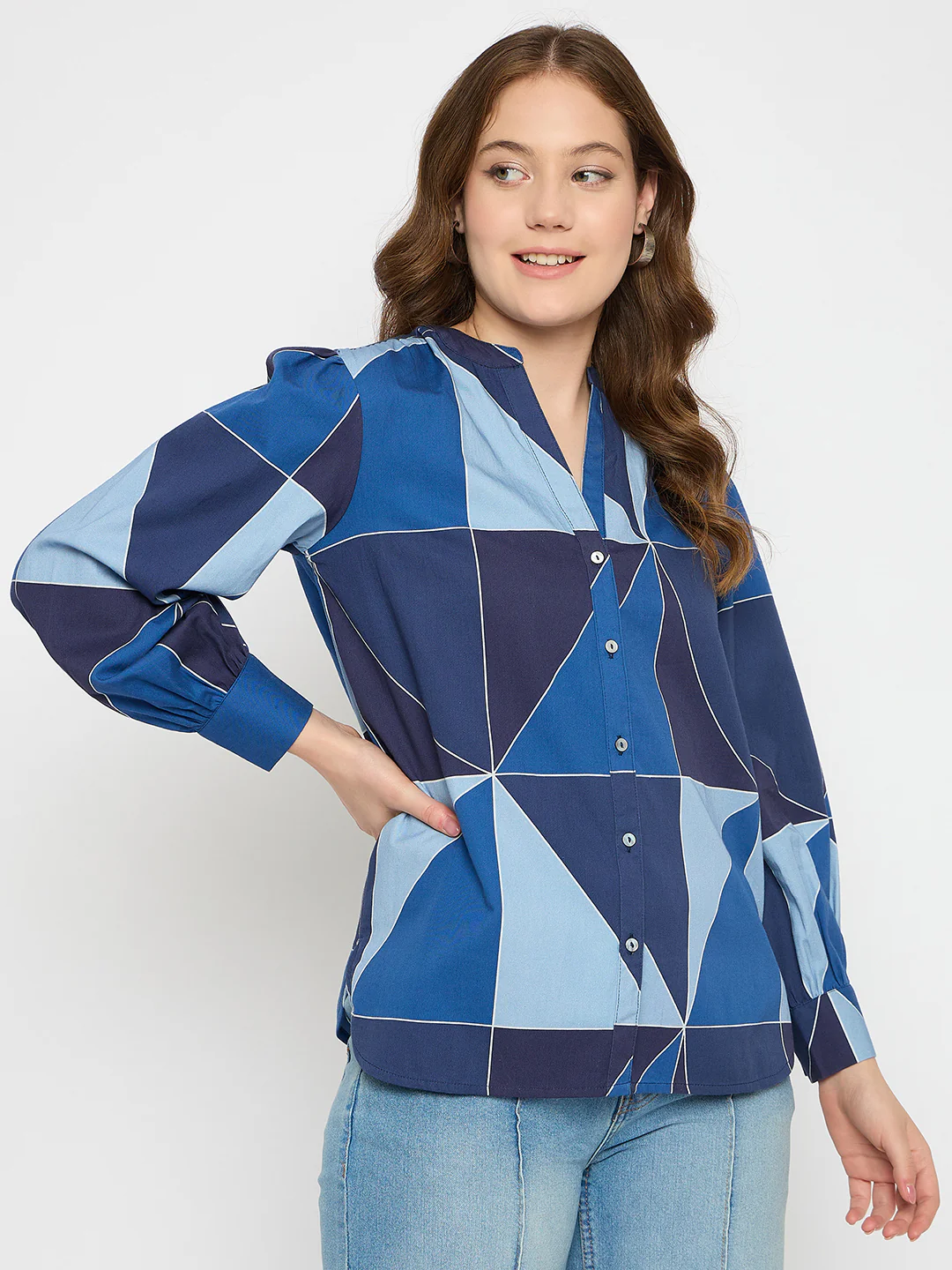 Madame Geometric Print Navy Blue Cotton Top - Image 4