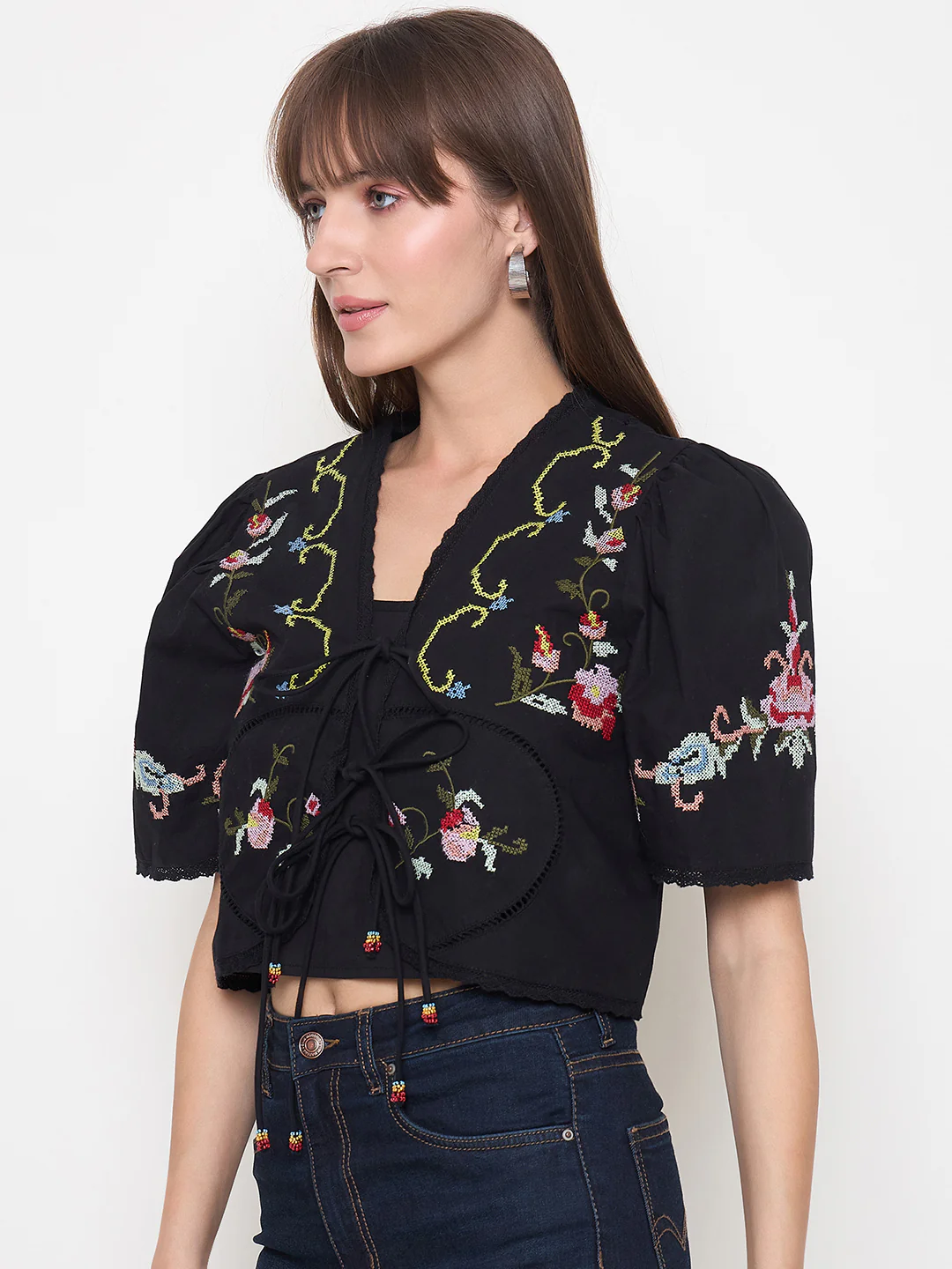 Madame Floral Embroidered Tie-Front Black Crop Top - Image 5
