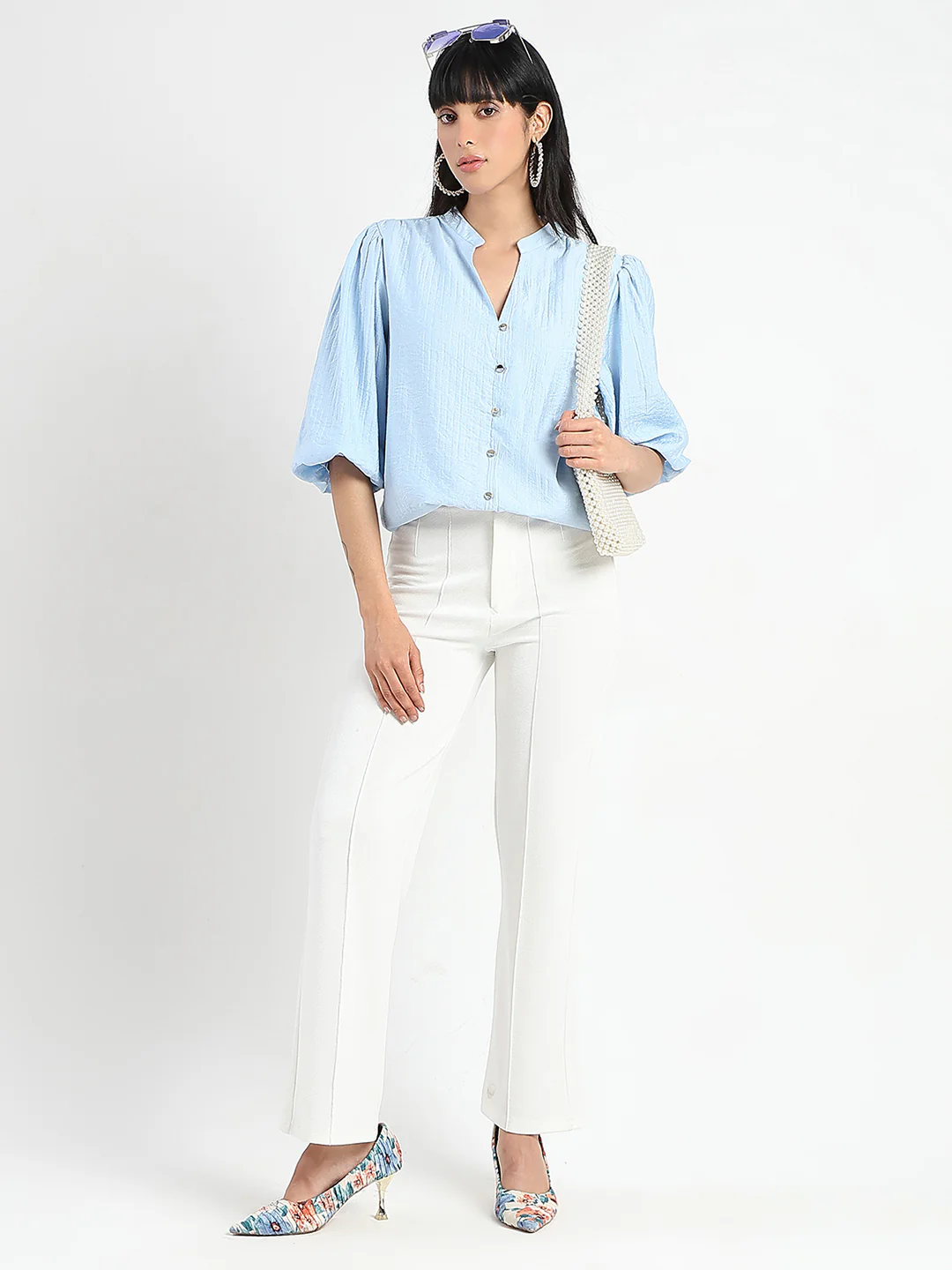 Madame Textured Ruffle Neck Rayon Blend Blue Top - Image 2