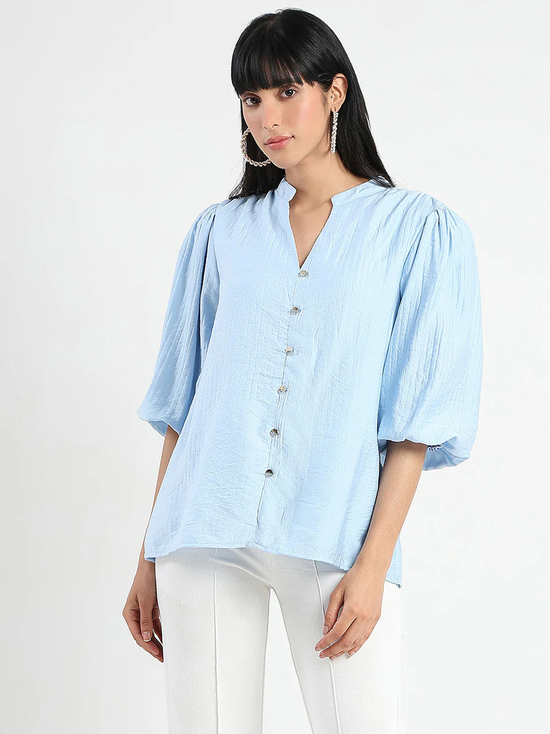 Madame Textured Ruffle Neck Rayon Blend Blue Top - Image 3
