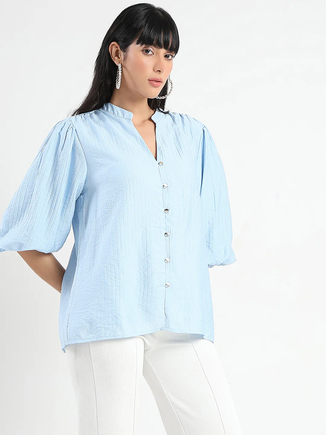 Madame Textured Ruffle Neck Rayon Blend Blue Top - Image 4