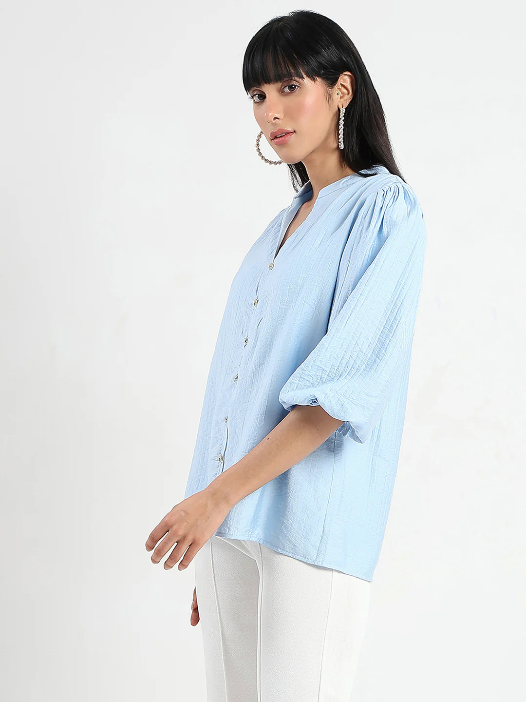 Madame Textured Ruffle Neck Rayon Blend Blue Top - Image 5