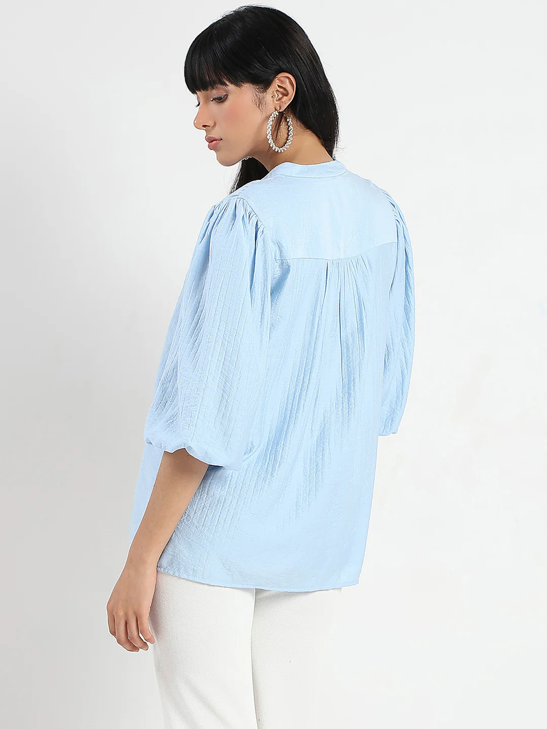 Madame Textured Ruffle Neck Rayon Blend Blue Top - Image 6