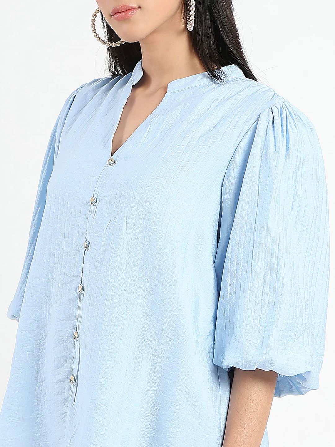 Madame Textured Ruffle Neck Rayon Blend Blue Top - Image 7