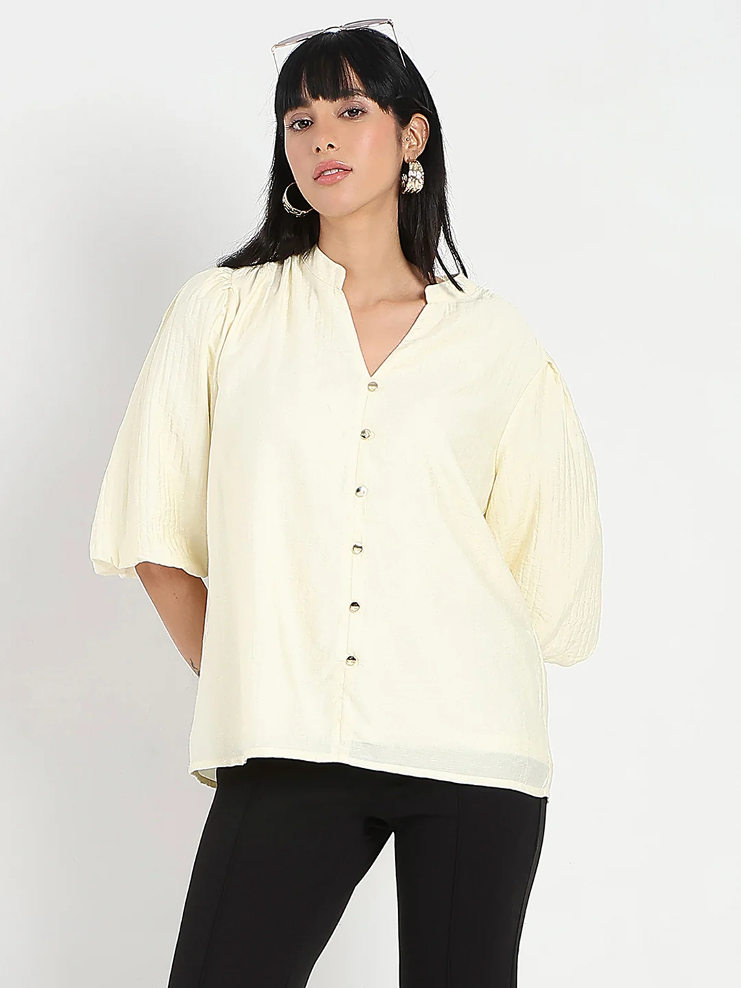 Madame Textured Ruffle Neck Rayon Blend Off White Top