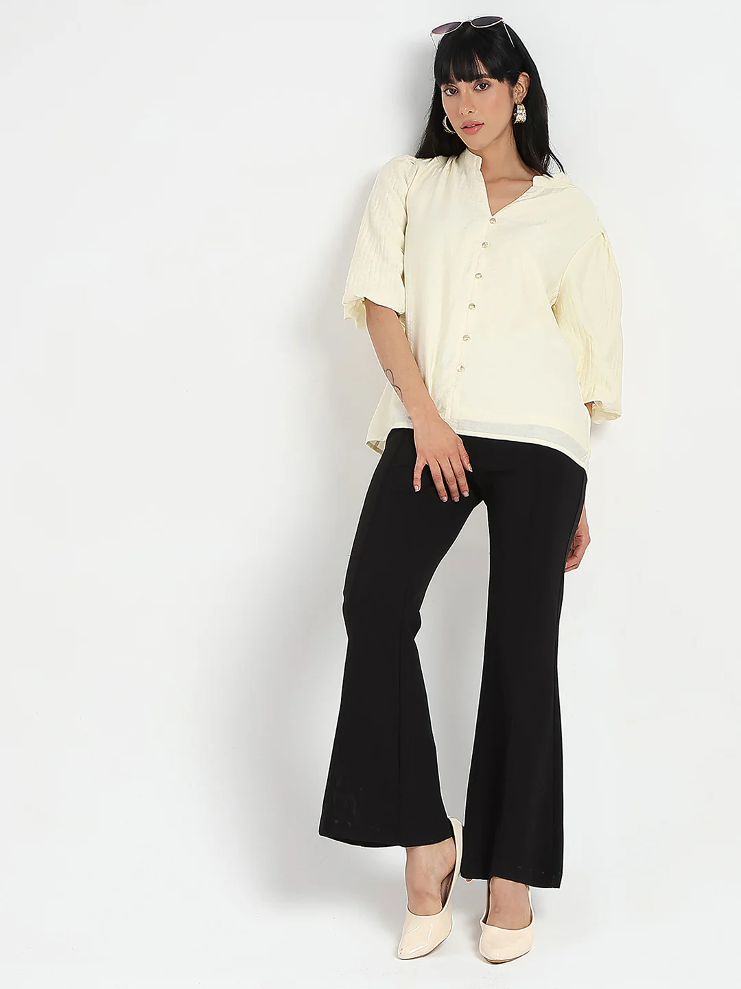 Madame Textured Ruffle Neck Rayon Blend Off White Top - Image 2