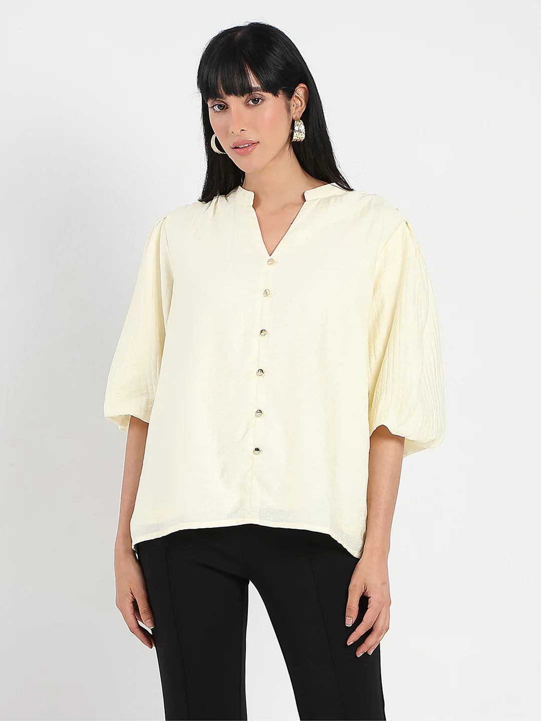 Madame Textured Ruffle Neck Rayon Blend Off White Top - Image 3