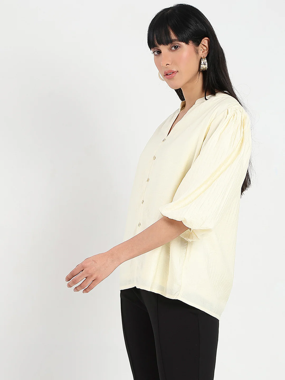 Madame Textured Ruffle Neck Rayon Blend Off White Top - Image 5