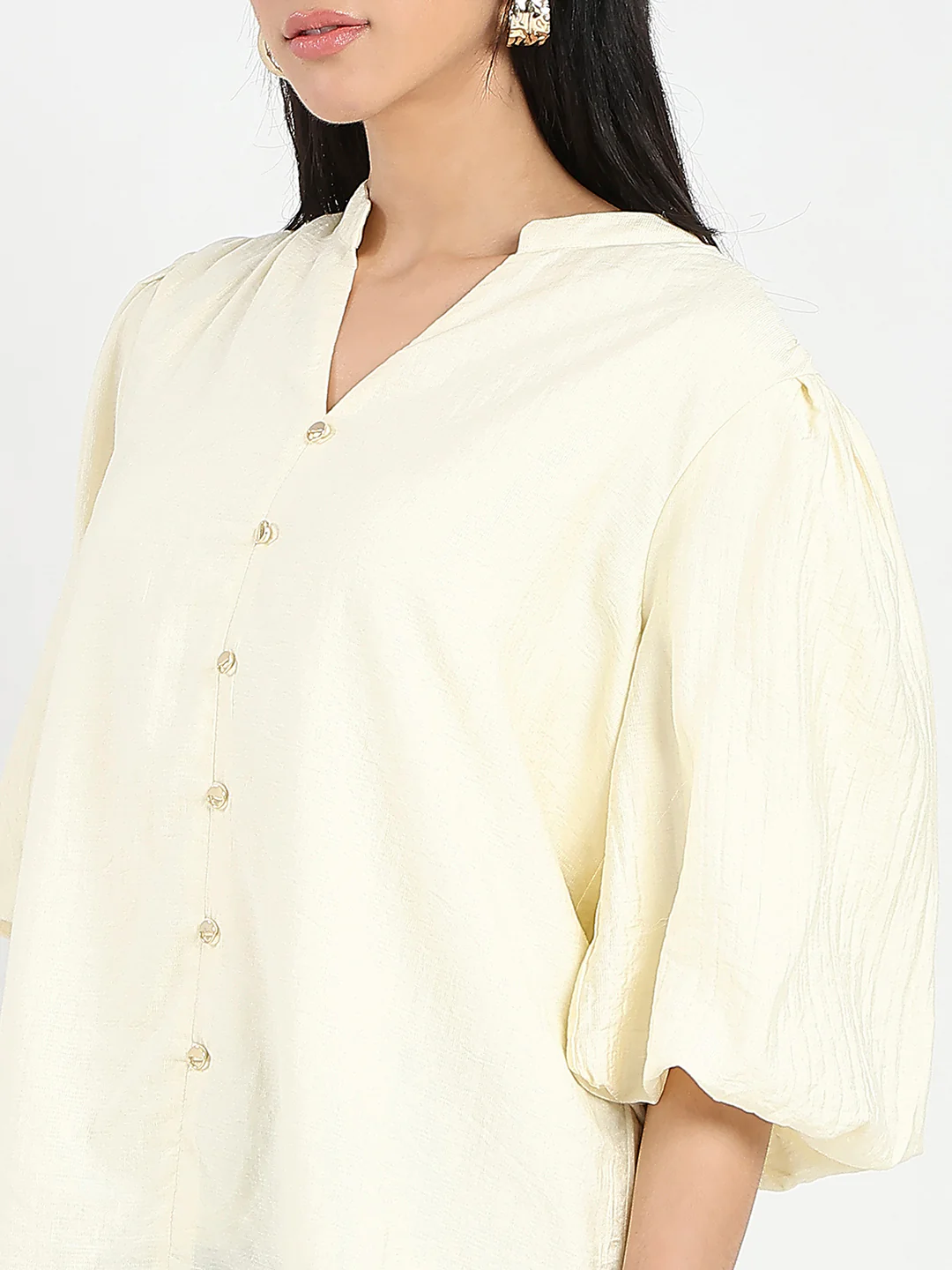 Madame Textured Ruffle Neck Rayon Blend Off White Top - Image 7