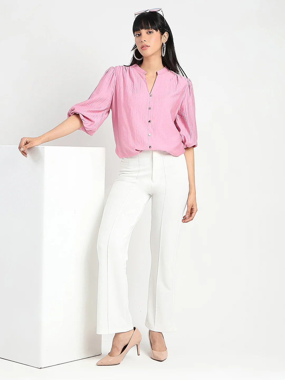 Madame Textured Ruffle Neck Rayon Blend Pink Top - Image 2