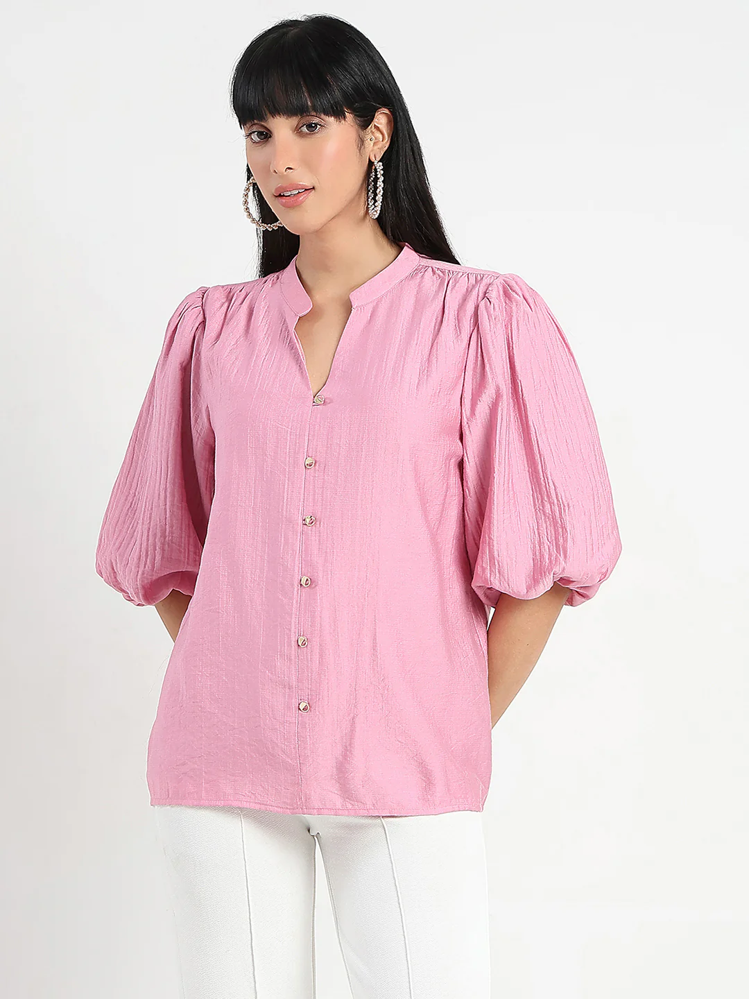 Madame Textured Ruffle Neck Rayon Blend Pink Top - Image 3