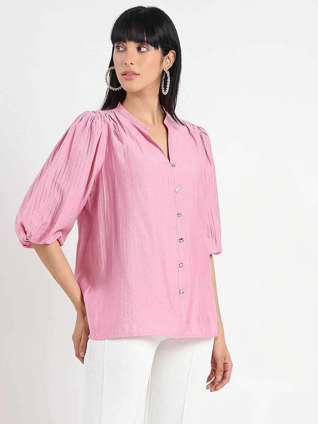 Madame Textured Ruffle Neck Rayon Blend Pink Top - Image 4