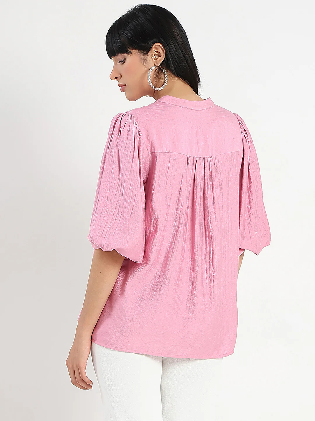 Madame Textured Ruffle Neck Rayon Blend Pink Top - Image 6