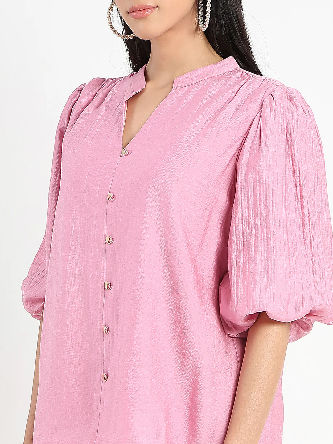 Madame Textured Ruffle Neck Rayon Blend Pink Top - Image 7