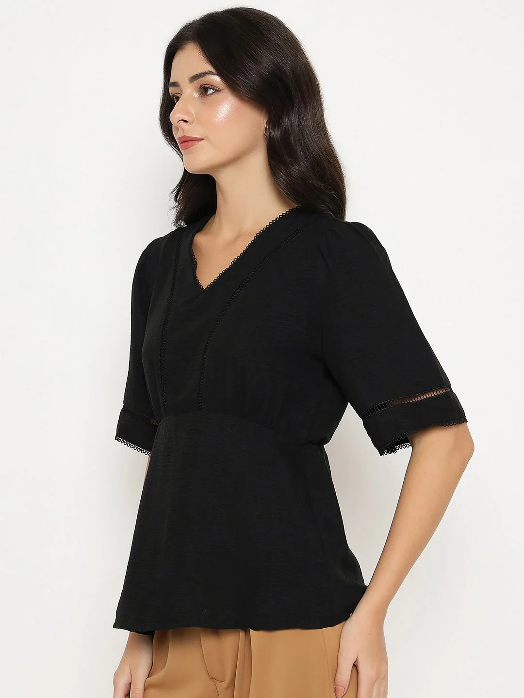 Madame V Neck Black Peplum Top - Image 5