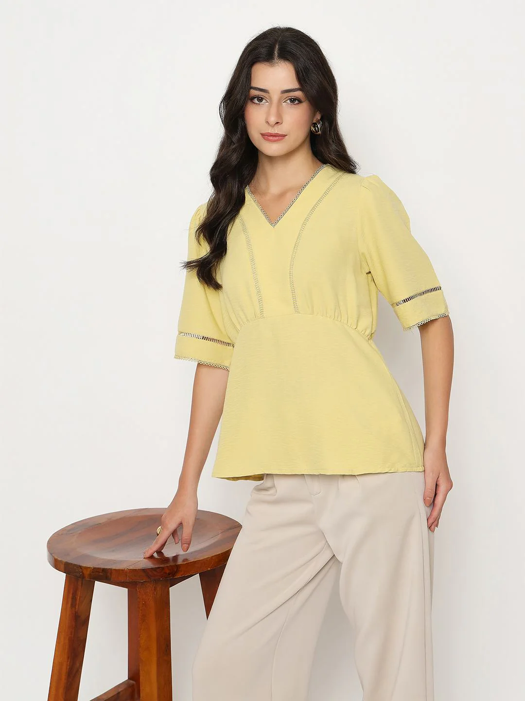 Madame V Neck Yellow Peplum Top