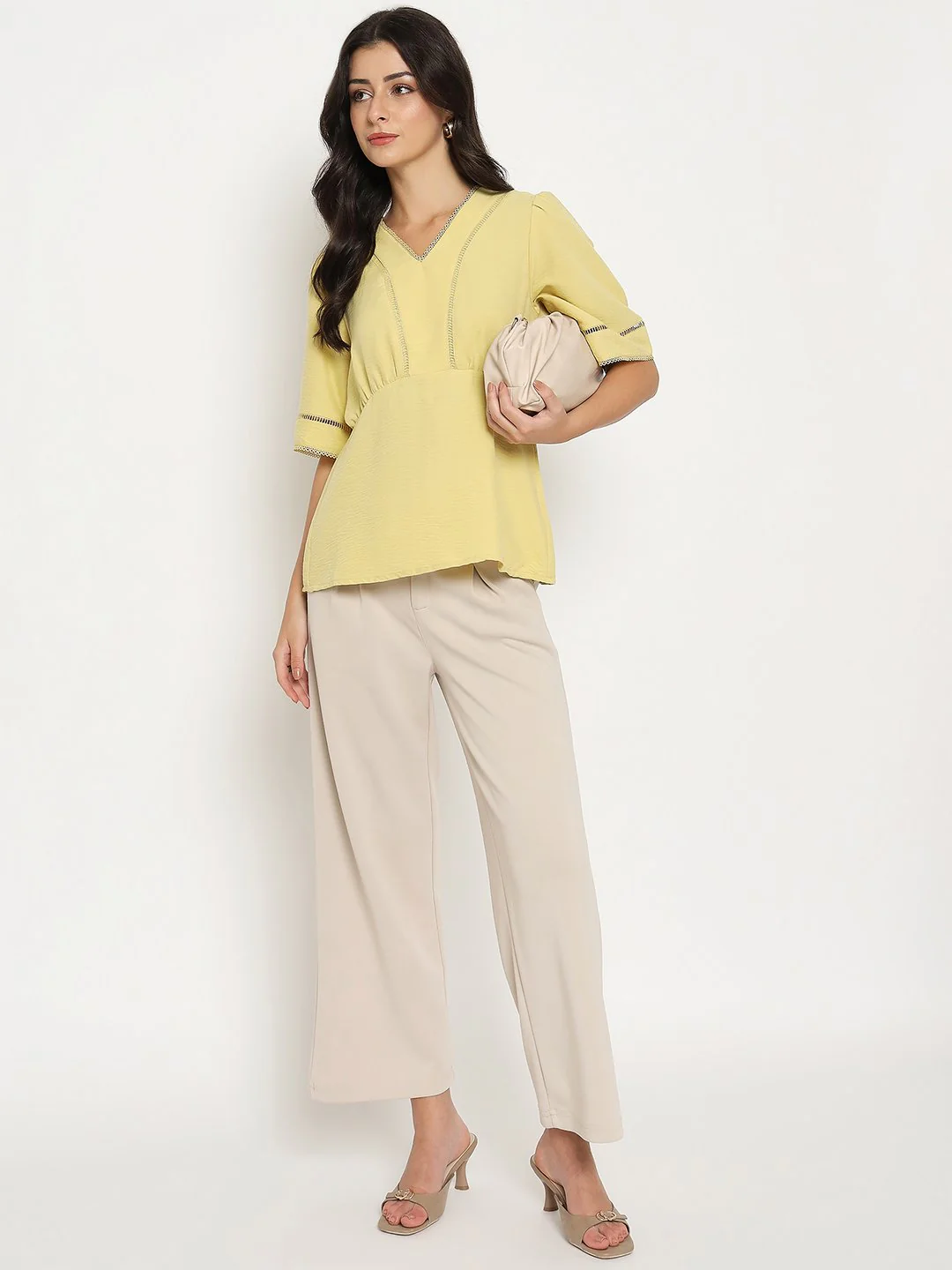 Madame V Neck Yellow Peplum Top - Image 2