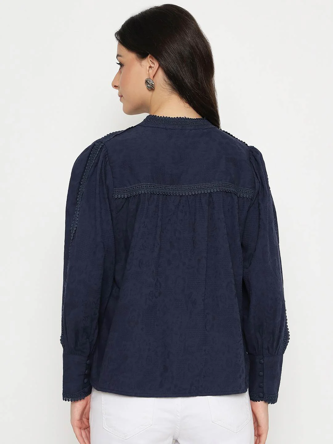 Madame Gathered Shoulders Navy Blue Cotton Top - Image 6