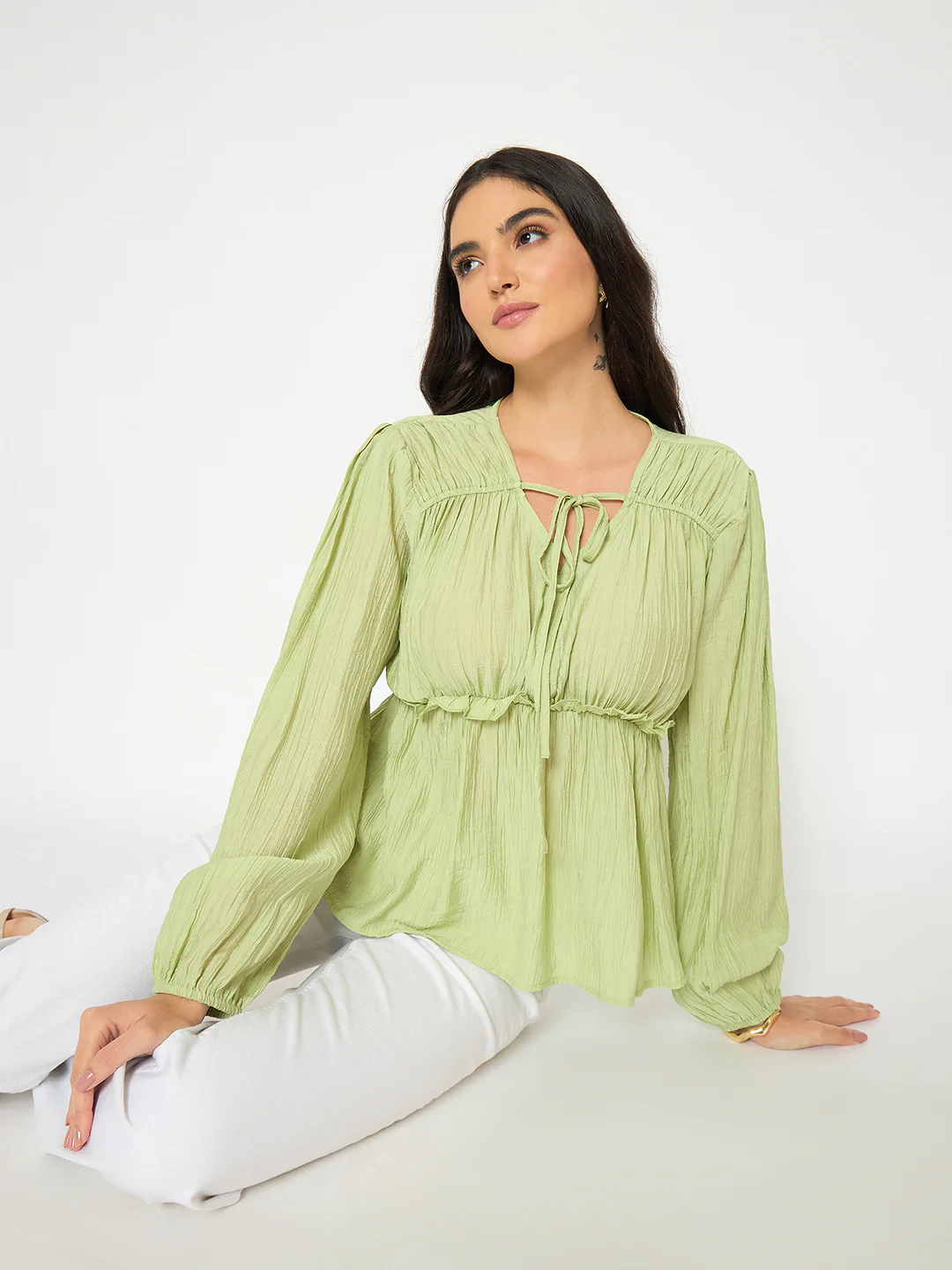 Madame Cinch Waist Apple Green Peplum Top