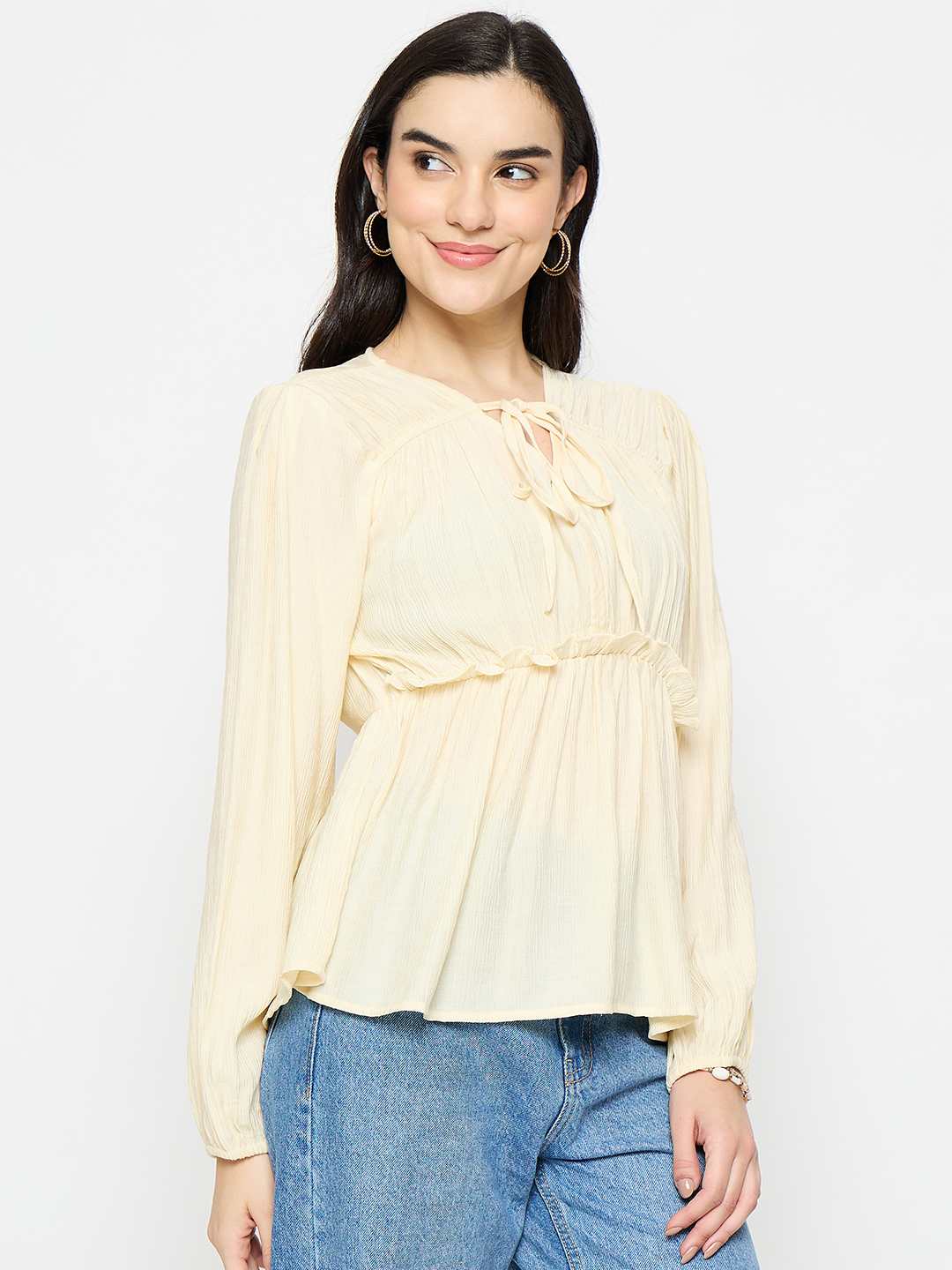 Madame Cinch Waist Off White Peplum Top - Image 4