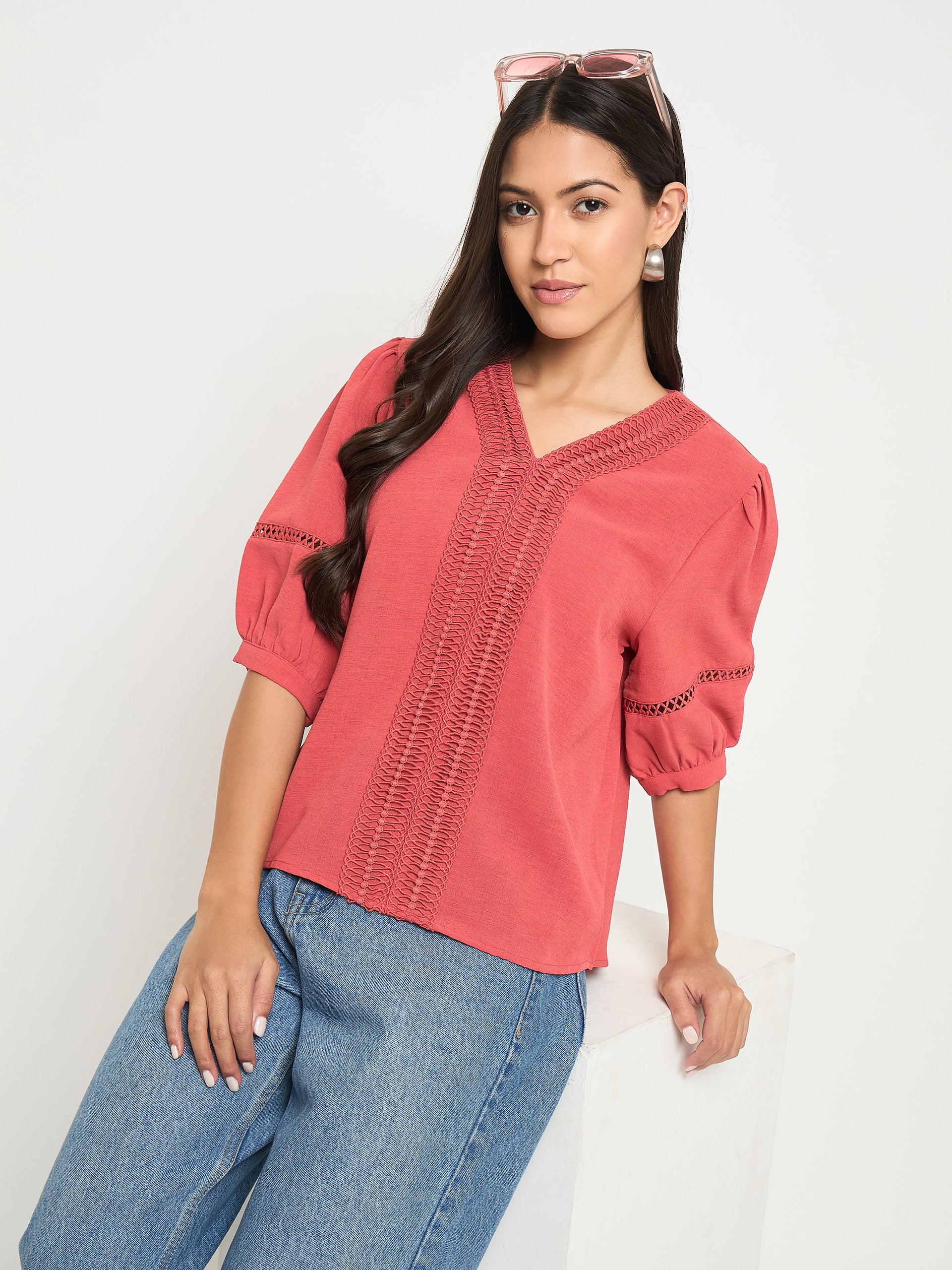Madame Lace Detailed V-Neck Solid Red Knit Top