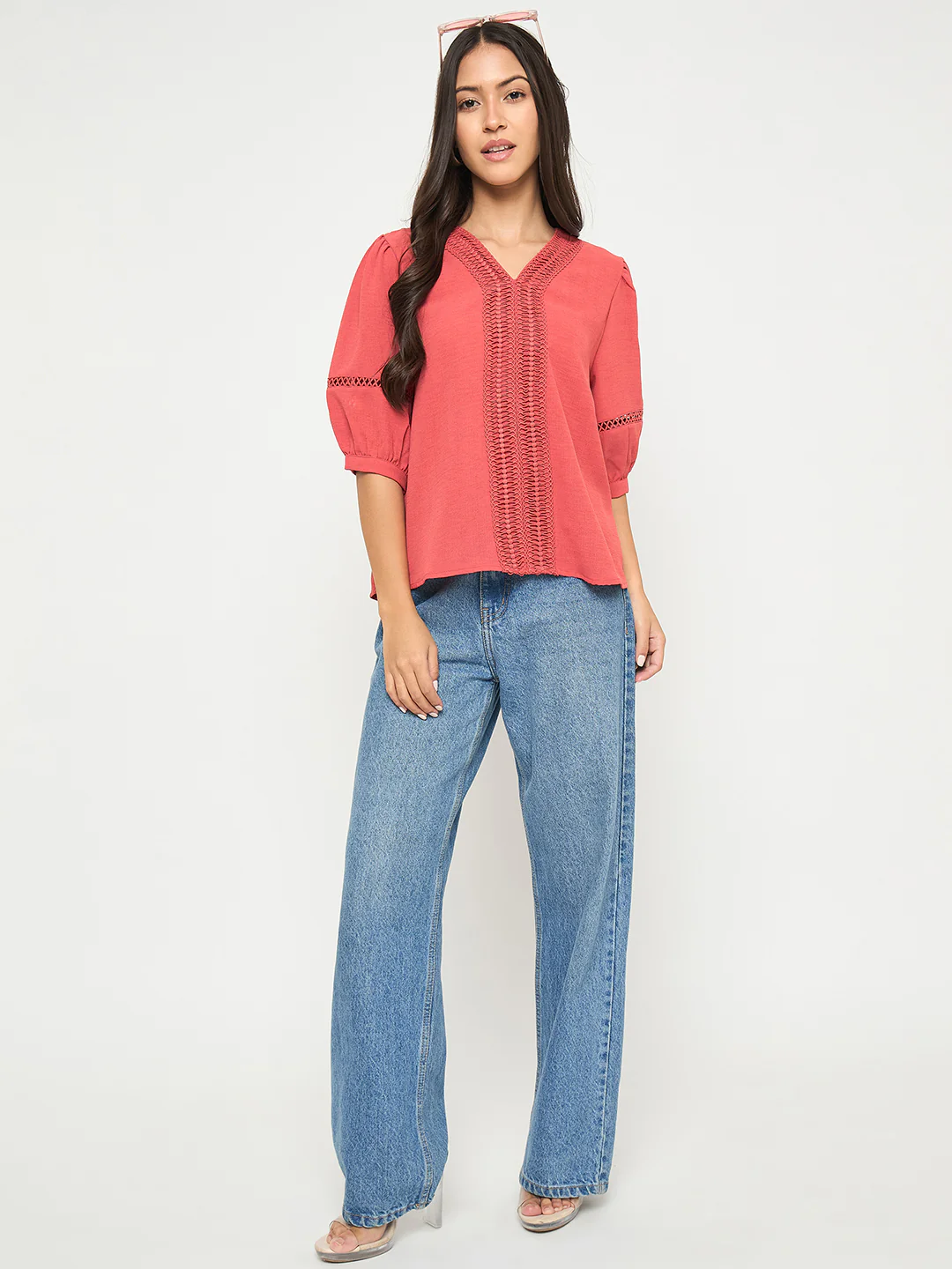 Madame Lace Detailed V-Neck Solid Red Knit Top - Image 2