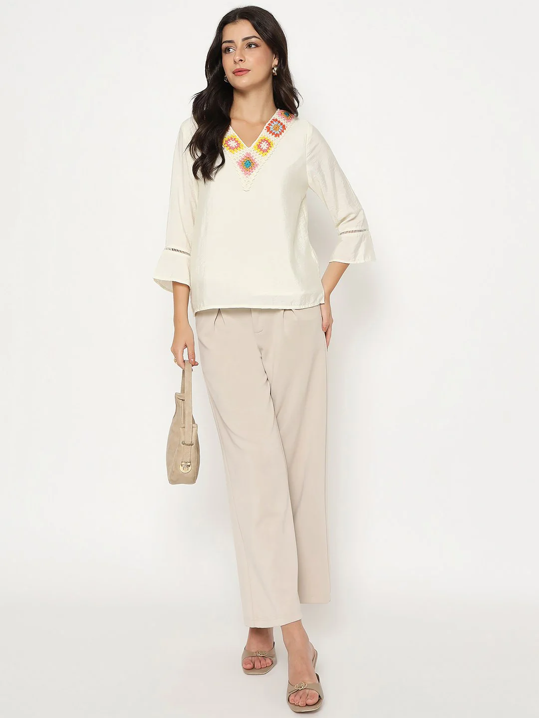 Madame Embroidered Neckline Rayon Blend Beige Top - Image 2