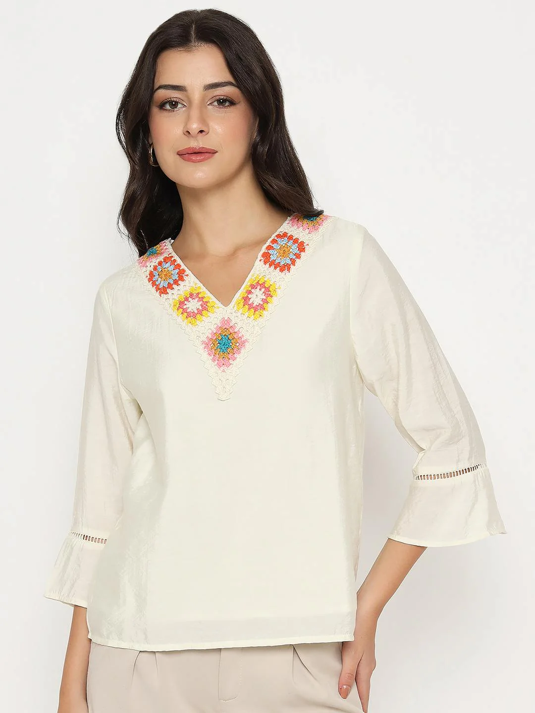 Madame Embroidered Neckline Rayon Blend Beige Top - Image 3