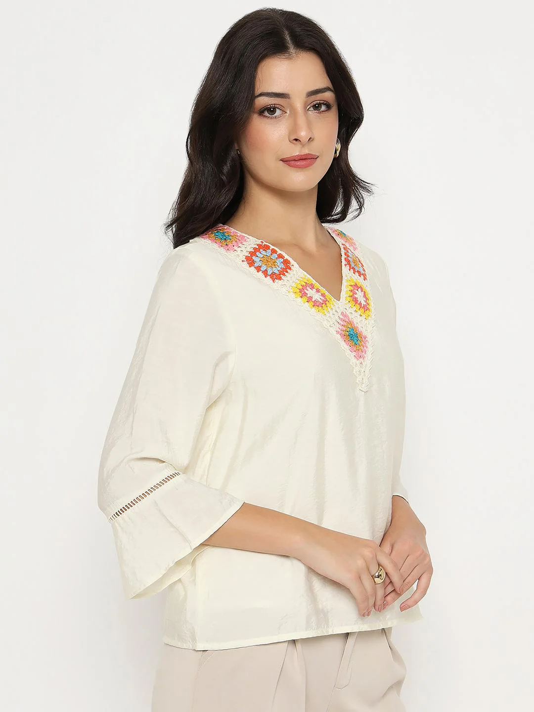 Madame Embroidered Neckline Rayon Blend Beige Top - Image 4