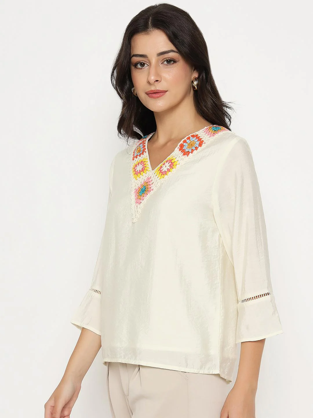 Madame Embroidered Neckline Rayon Blend Beige Top - Image 5