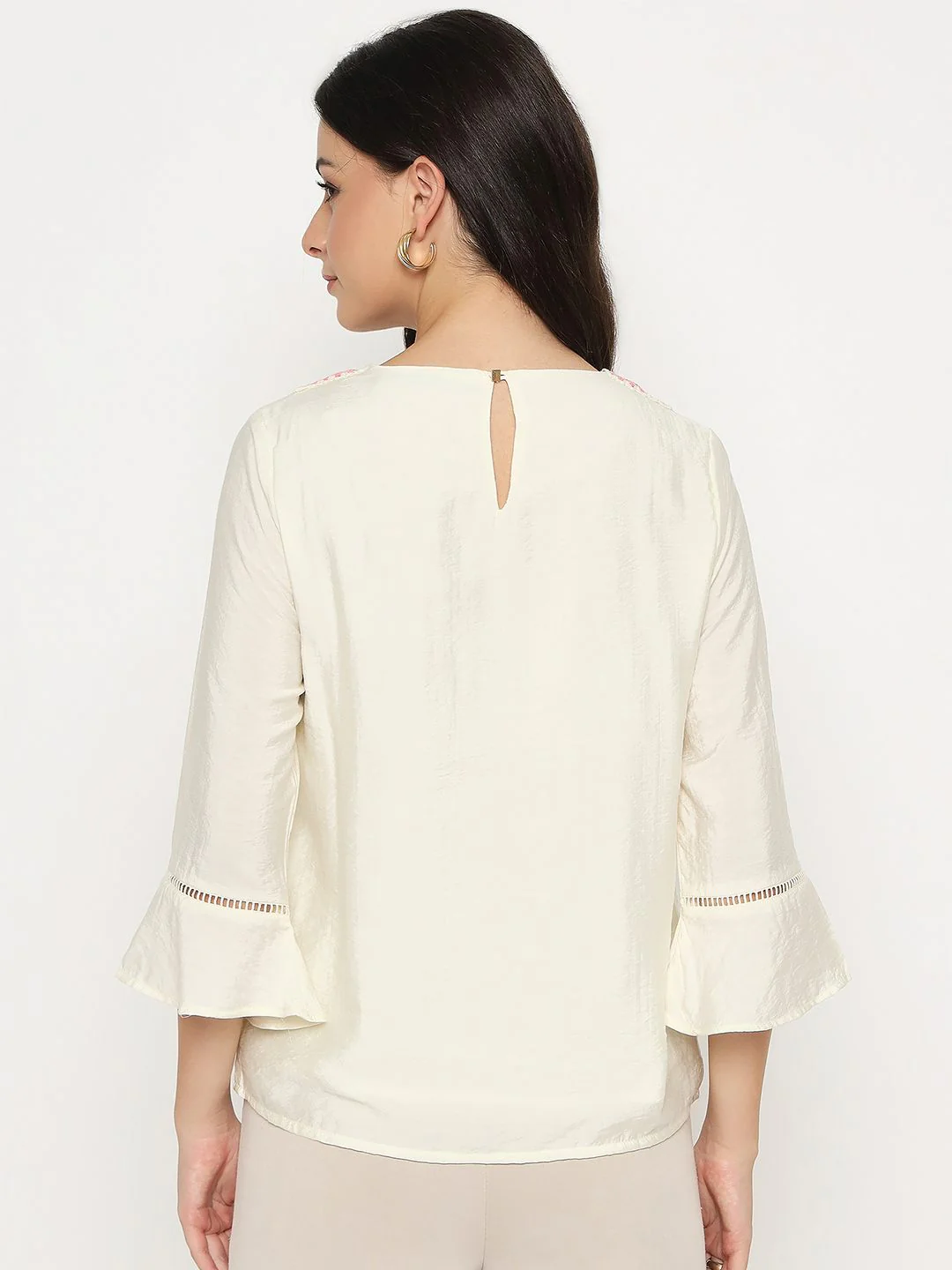 Madame Embroidered Neckline Rayon Blend Beige Top - Image 6