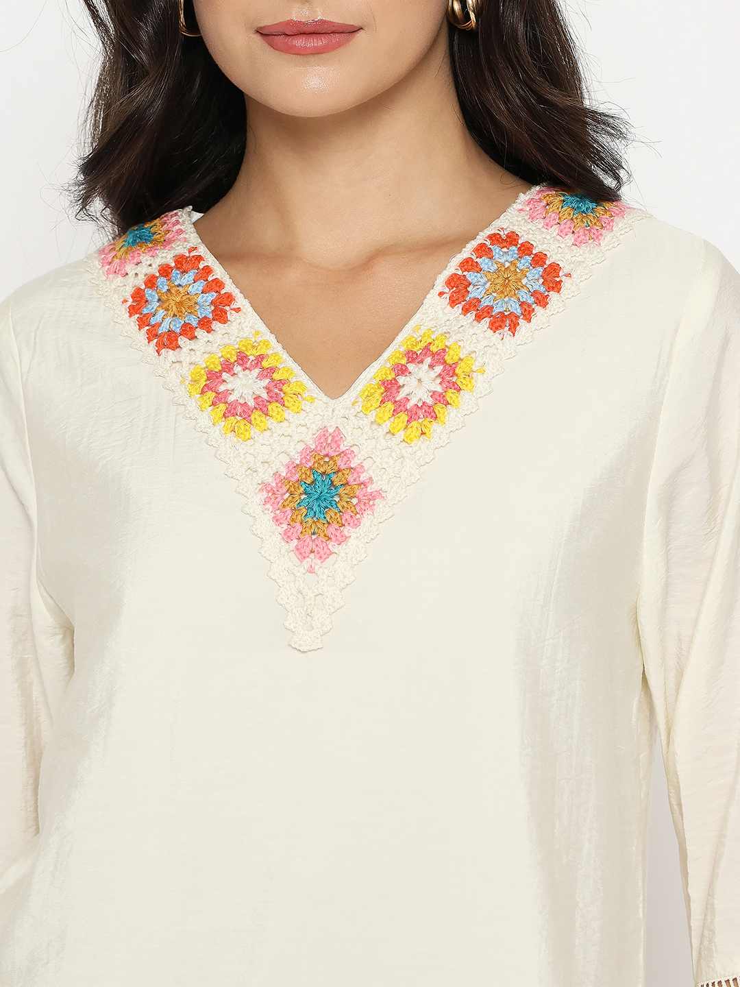 Madame Embroidered Neckline Rayon Blend Beige Top - Image 7