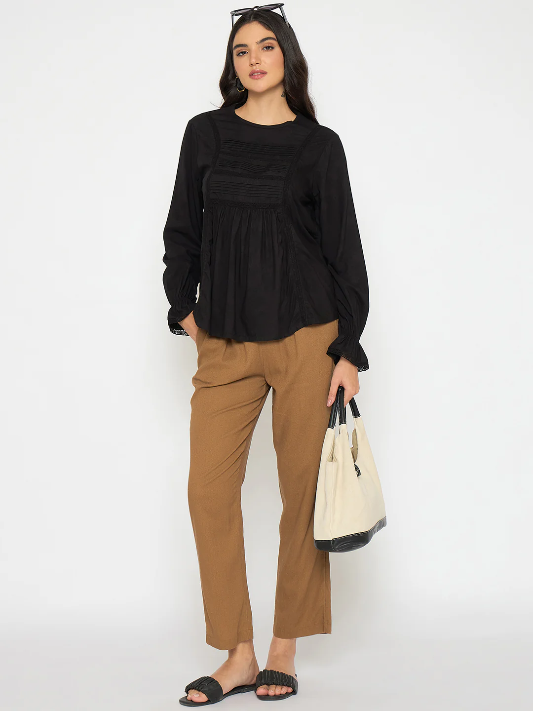 Madame Ruched Detail Black Viscose Top - Image 2