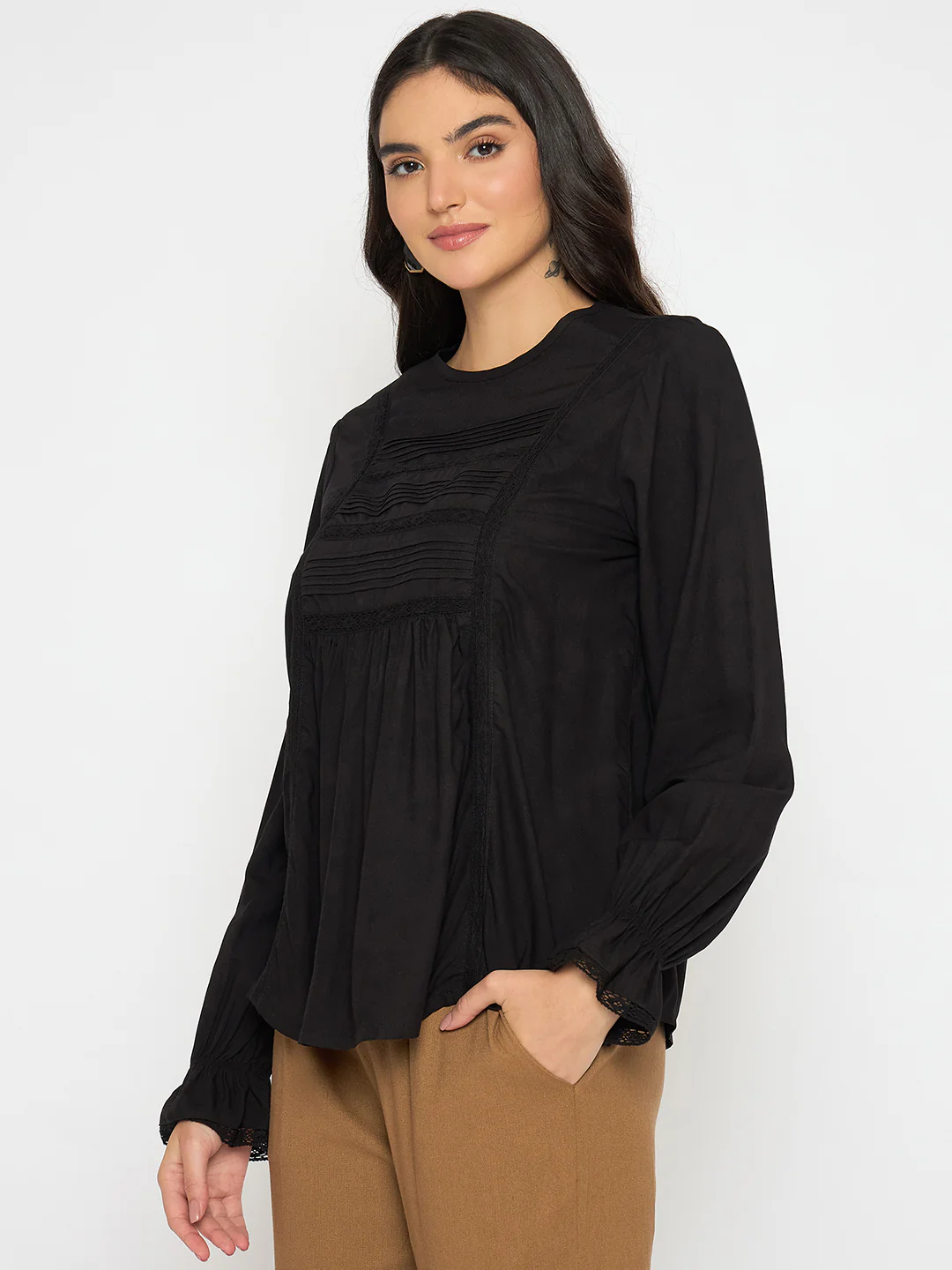 Madame Ruched Detail Black Viscose Top - Image 5