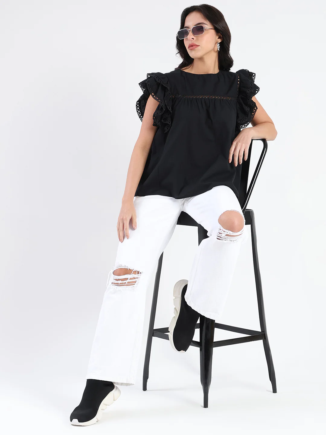 Madame Lace Inserted Black Cotton Top
