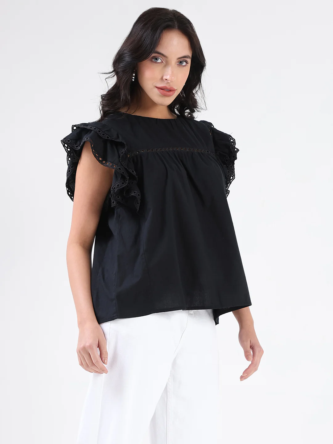 Madame Lace Inserted Black Cotton Top - Image 3