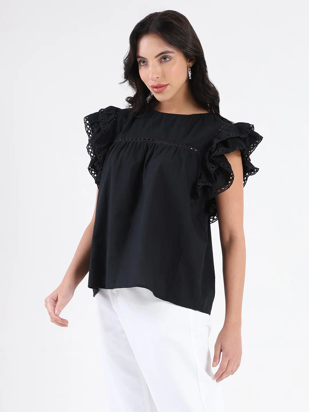 Madame Lace Inserted Black Cotton Top - Image 4